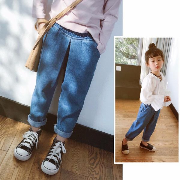 

loose korean style brief fashion girls jeans casual solid elastic waist mid kids preppy cotton for, Blue