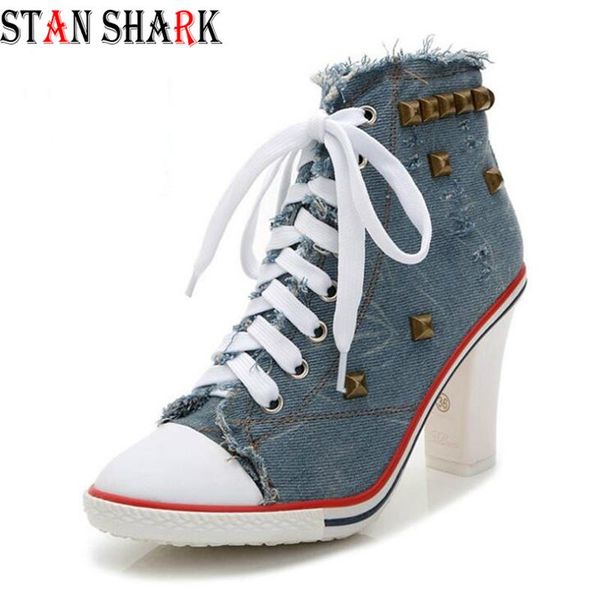 

dress shoes 2021 women canvas denim high heels rivets square heel 8cm fashion shoe laces sneakers short women's pumps, Black