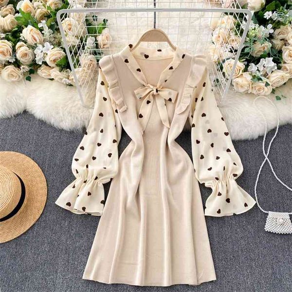 

lady fashion knitted a-line dress women autumn winter long sleeve hit color stitching mini vestidos de mujer q450 210527, Black;gray