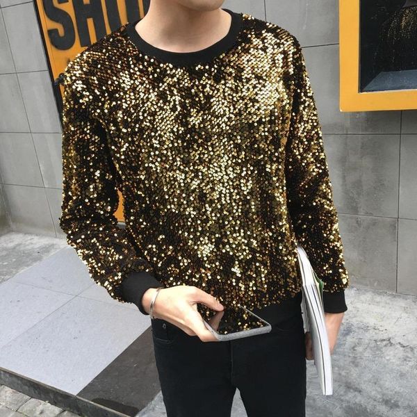 

men's hoodies & sweatshirts autumn performance clothing student sequined sweatshirt tide nightclub long-sleeved crewneck, Black