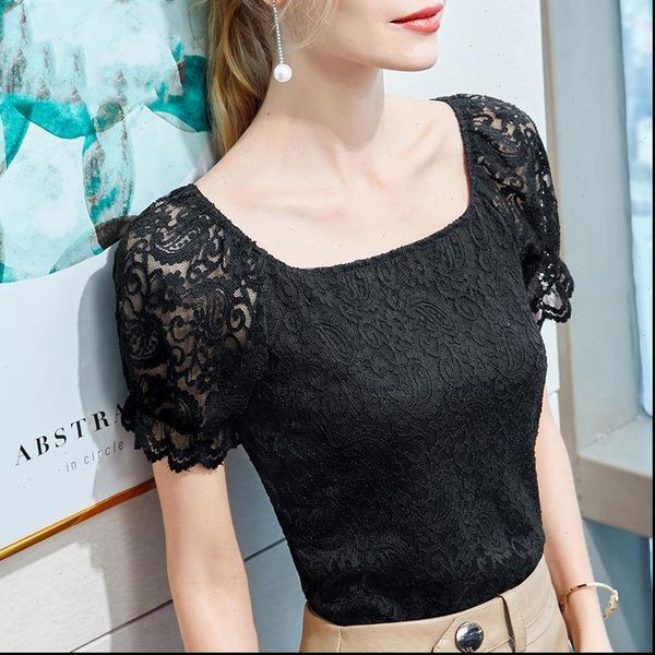 

spring summer style lace women shirt hollow out square collar flare sleeve elegant dd8632, White