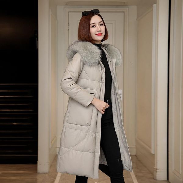 

women's leather & faux down jacket middle and long section 2021 winter fur collar haining slim coat, Black