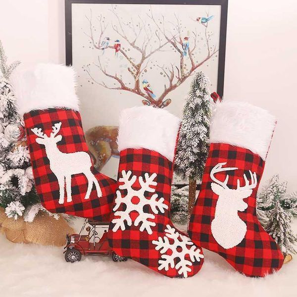

christmas decorations embroidery plaid socks elk snowflake gift candy bag stocking tree decoration1