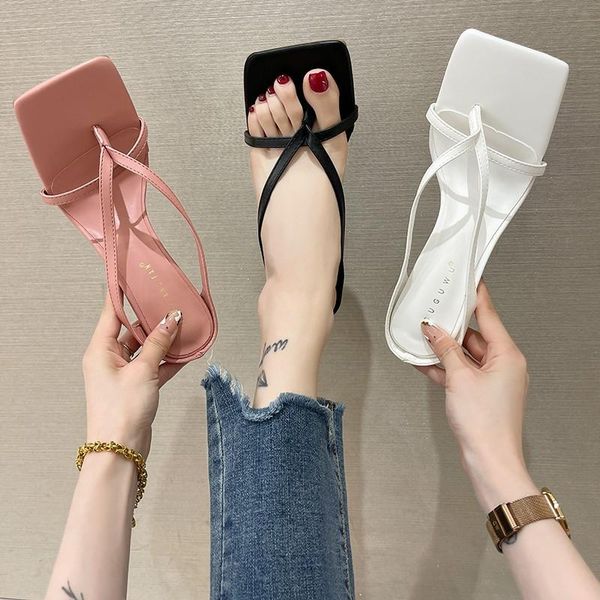 

slippers simple solid color high heels elegant ladies summer trend roman style square toe beach shoes., Black