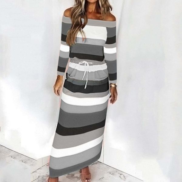 

casual dresses women knitted long dress striped printed slash neck long-sleeve pocket robe longue drawstring waist slim maxi 40#, Black;gray