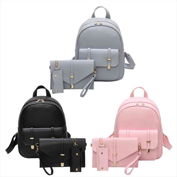 

3pcs set women pu leather backpack teenager solid color school bags girls multi pockets book bag female daily travel