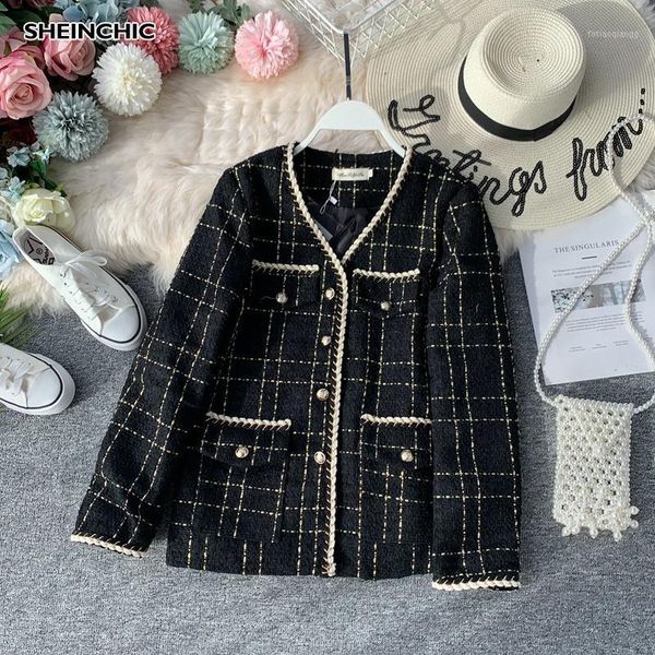 

women's jackets vintage 2021 black white single breasted jacket autumn winter double pockets women outerwear elegant long sleeve v neck, Black;brown