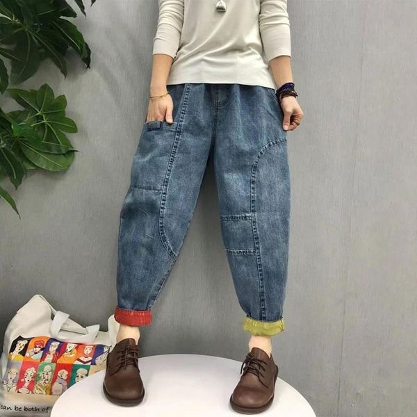 

women's jeans spring arts style women elastic waist casual cotton denim harem pants big pocket vintage blue loose plus size v288