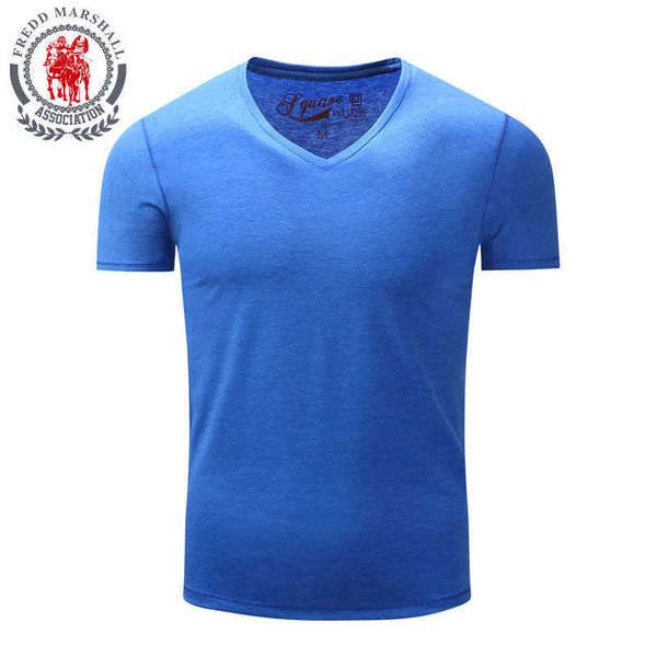 Fredd Marshall T-shirt da uomo di marca Moda estate cotone tinta unita scollo a V manica corta magliette uomo casual top 005 210527