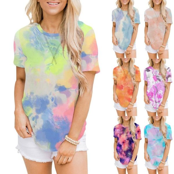 

fashion tie-dye print blouse shirt o-neck loose tee casual 2021 summer ladies female women short sleeve blusas pullover women's blo, White