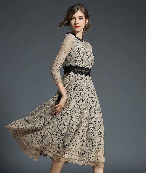 

casual dresses spring women's lace floral crochet hollow out vestido patchwork slim office party dress la3l, Black;gray