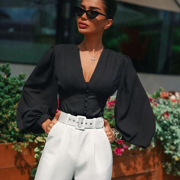 

deep v neck womens shirts black button lantern long sleeve slim fashion autumn elegant lady shirt top, White