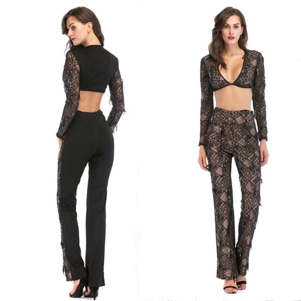 

2021 women's two piece sequin suit pants, Black;white