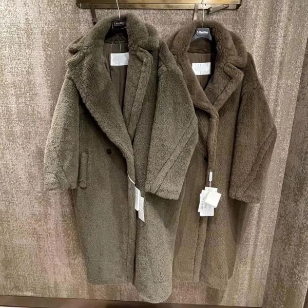

women's wool & blends 2021 teddy bear alpaka plaszcz women coat army green thicken winter oversize outwear alpaca lana vergine warm, Black