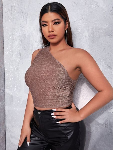 

plus one shoulder crop glitter p0y8#, Black