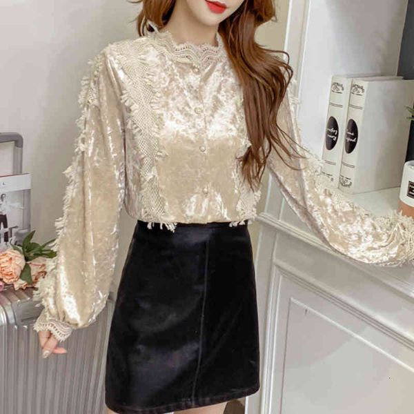 

women's blouses & shirts womens autumn long-sleeved lace patchwork thick velvet vintage single-breasted bubble sleeve 4cgg, White