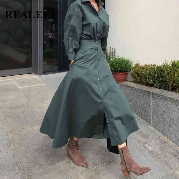 

spring summer vintage shirts women's long dresses high waist single breasted sleeve female dress 210428, Black;gray