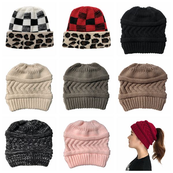 

winter women knitted hat warm wool hat ladies skull beanie solid female outdoor ponytail caps zza3452