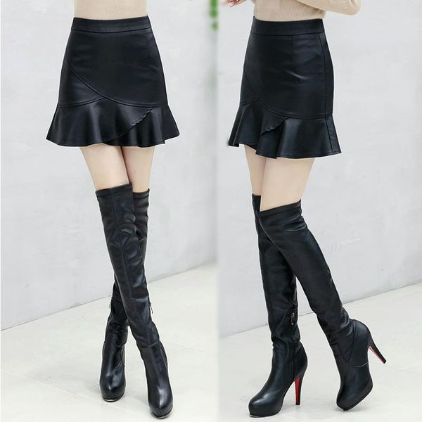 

skirts 2021 autumn and winter slim ruffle skirt pu leather fishtail dq1206, Black