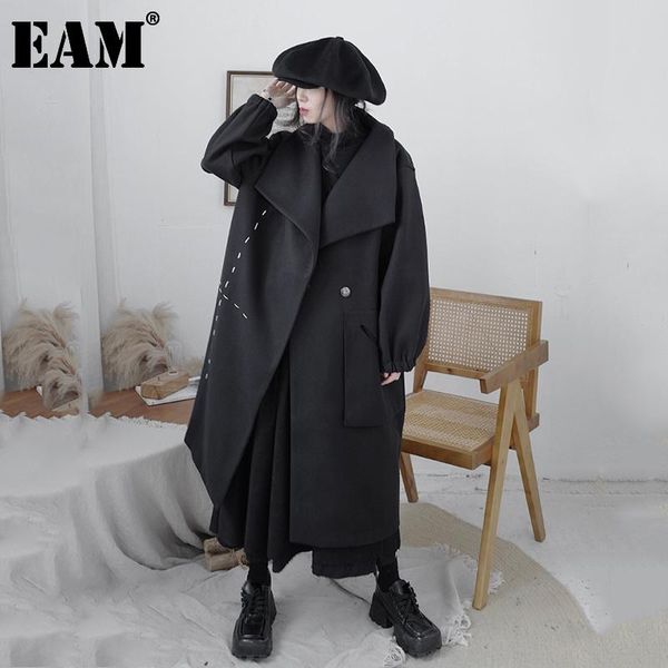 

women's wool & blends [eam] loose fit black brief oversized woolen coat parkas lapel long sleeve women fashion tide autumn winter 2021
