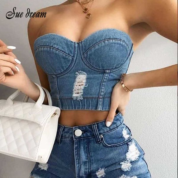 Denim Riscado Mulheres Spaghetti Strap Diamantes rasgados Push up Bustier Night Club Party Crop Top CORSET CORSET VESTE 210616