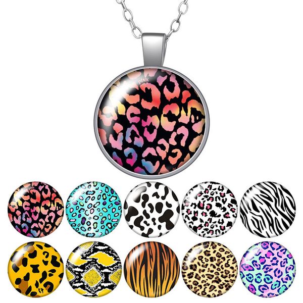 Silver Leopard Patterned Necklace with Snake, Tiger, Skin, and Zebra round pendant necklace - 25mm Glass Cabochon Jewelry for Women - Perfect Birthday Gift - 50cm