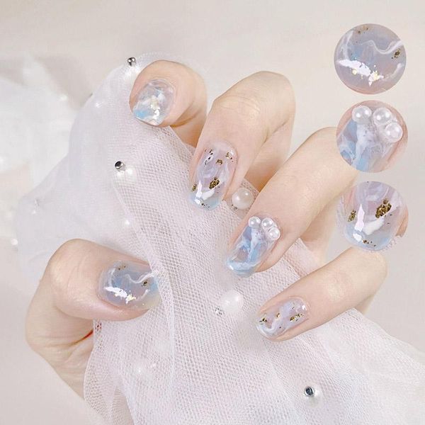 

false nails 24pcs fake with glue blue ocean paillette faux pearl decorative fresh color super fairy press on design t, Red;gold