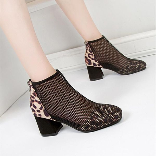 

boots women's summer rubber high-heeled 2021 fashion mesh block heel sandals tabi breathable leopard print shoes with square toe, Black
