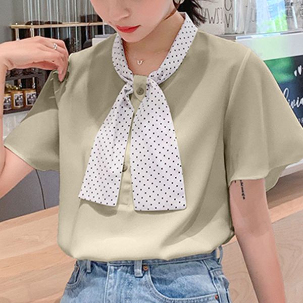 

summer women short sleeve blouse women blusas mujer de moda bow collar chiffon blouse shirt female women clothes c965 210426, White