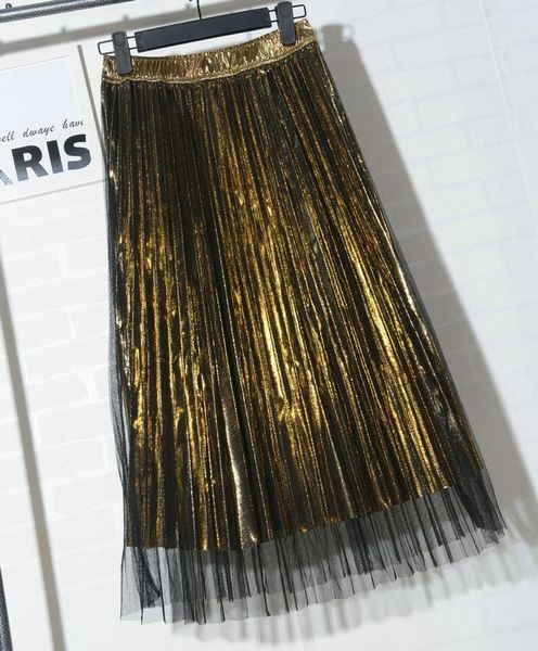 

skirts fashion metallic mesh skirt female autumn winter 2021 korean version of the metal shiny pleated in long, Black