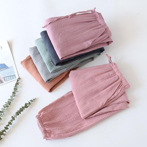 

summer female cotton crepe harem pants long trousers solid color sleep bottoms ankle-tied women's sleepwear, Black;red