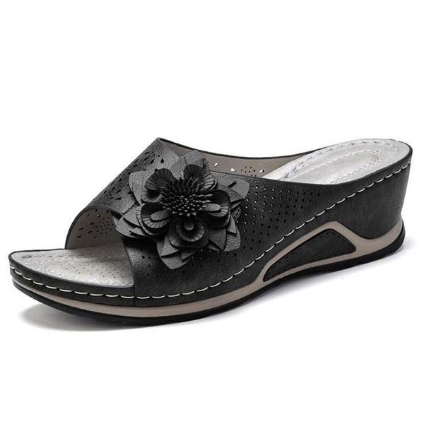 

summer trendy women open toe wedge sandals shoes flower slippers, Black