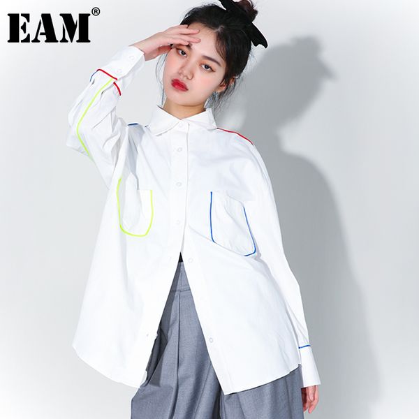 

[eam] women white contrast color big size blouse lapel long sleeve loose fit shirt fashion spring autumn 1dd5268 210512
