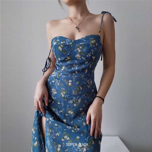 

casual dresses spring summer floral print women suspender high waist slim bandage side split holiday midi 2021 bz2b, Black;gray