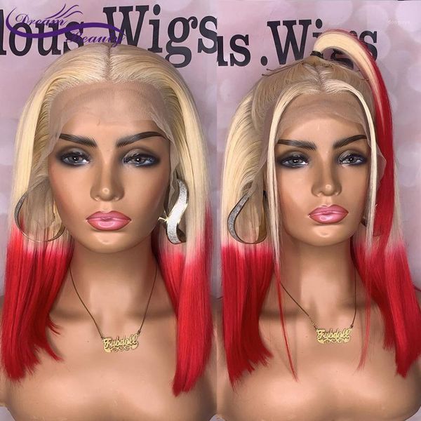 

lace frontal human hair wigs blonde red color short straight bob for women 180% brazilian remy dream beauty1, Black;brown
