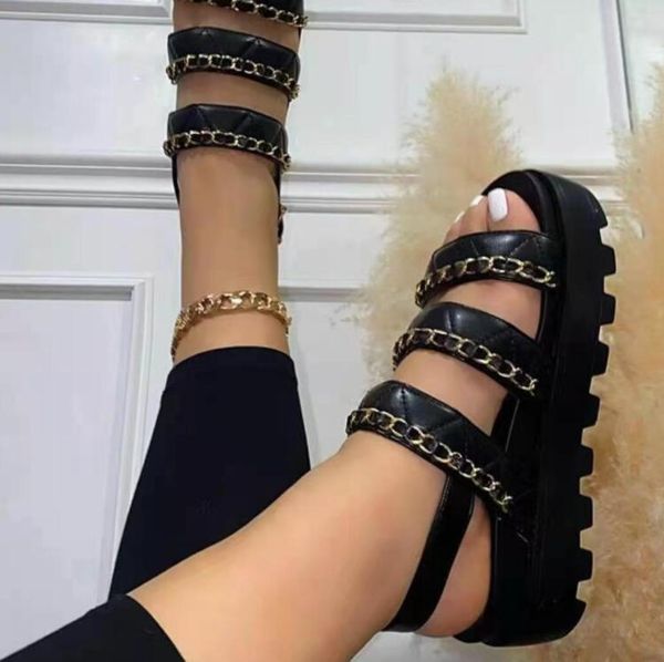 

open toe women's sandal summer chain leisure bottom thick sole, Black