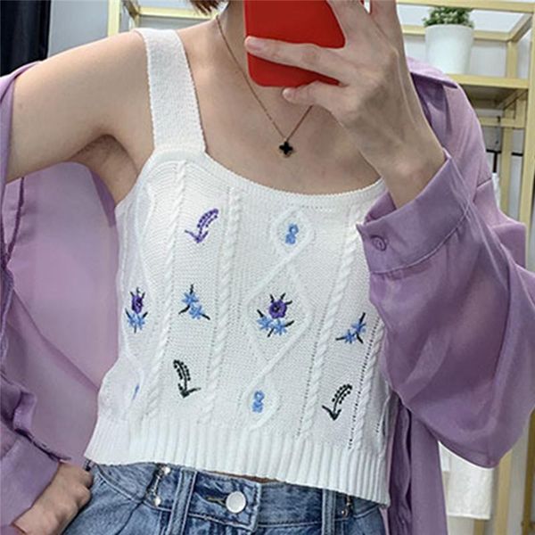 

women's tanks & camis women knitted crop ladies floral embroidery short vest summer sweater vintage tank, White