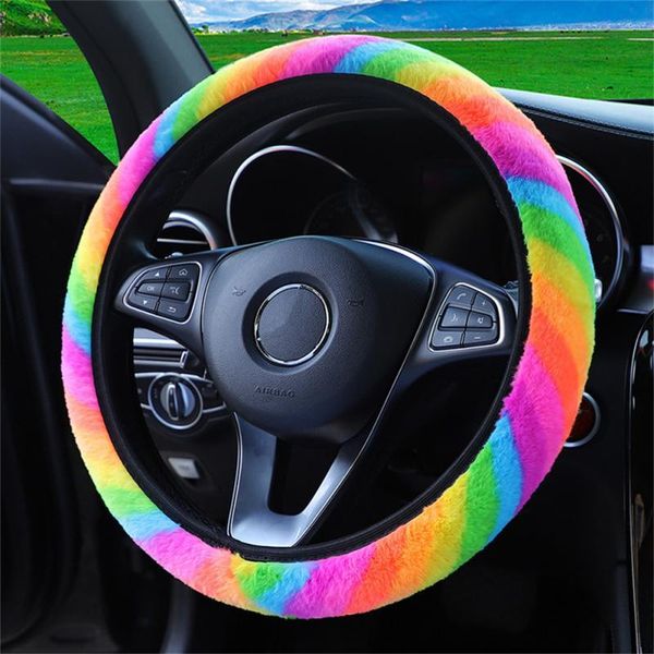 

steering wheel covers colorful plush car cover no inner ring elastic band grip for 37-38cm diameter interior accessories