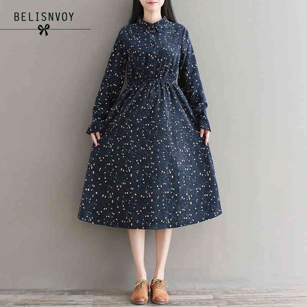 

robe femme spring autumn corduroy dress women long sleeve cherry printed elbise elastic high waist vintage dresses 210520, Black;gray