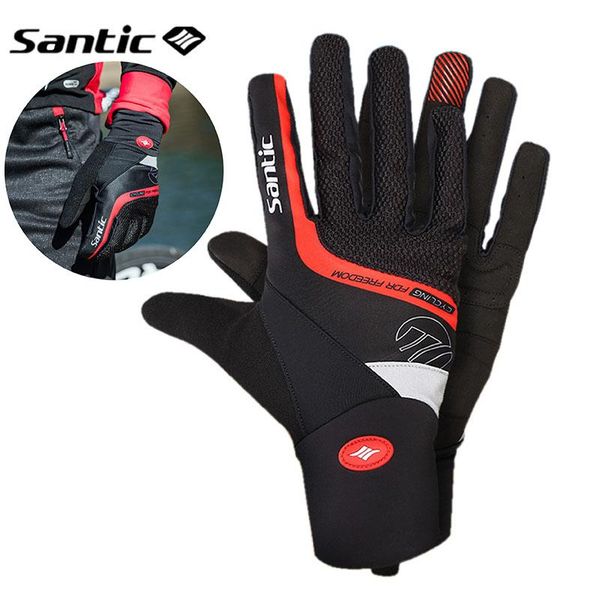 

santic winter men cycling gloves mtb road bike sport gel warm full finger with touch function shockproof motorcycle glove, Black