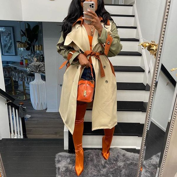 

women's trench coats women autumn fashion full sleeve patchwork double breasted coat elegant slim windbreak long jacket, Tan;black
