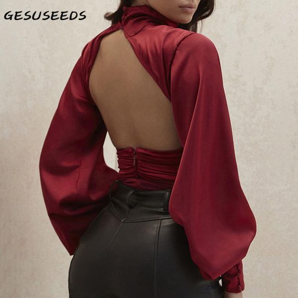 

fall 2021 women shirt backless long sleeve slim blouse turtleneck vintage korean cropped solid female women's blouses & shirts, White