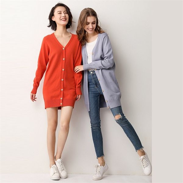 

lady knitted sweater fashion medium long cardigan women loose v neck solid color for female outerwear coat woman clothes 210517, White;black