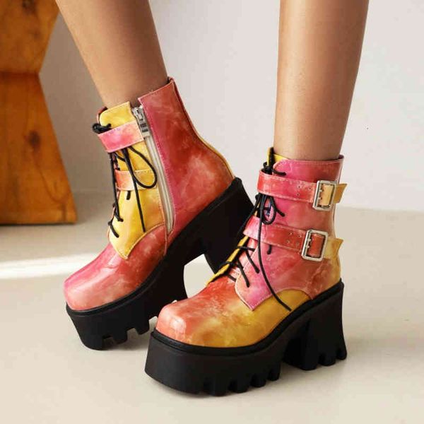 

dress shoes ochanmeb beautiful dazzle colorful boots winter women double buckle strap lace-up motorcycle platformed chunky goth t615, Black