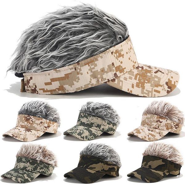 

berets fashion novelty baseball cap fake flair hair sun visor hats men's women's toupee wig funny loss cool gifts golf, Blue;gray