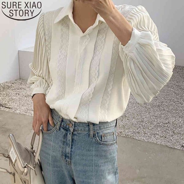 

spring fashion lace shirts pleated blouse women long sleeve blouses turn down collar ladies elegant blusas 12637 210417, White