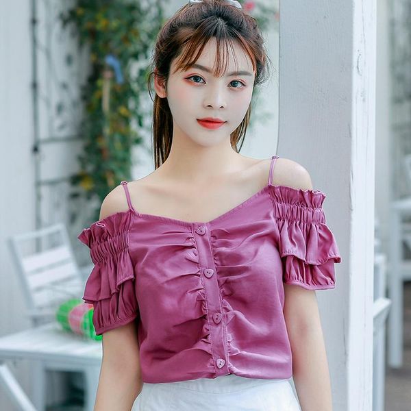 

women's blouses & shirts ehqaxin summer ladies sling strapless ruffled hollow chain link flower solid color button small shirt fem, White