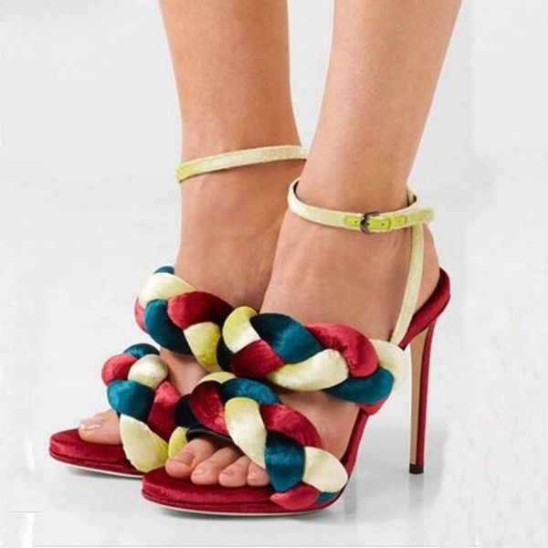 

woven multi velvet twisted ankle strap stiletto high-heel gladiator women sandalias shoes plaited strappy sandal pumps sandals, Black