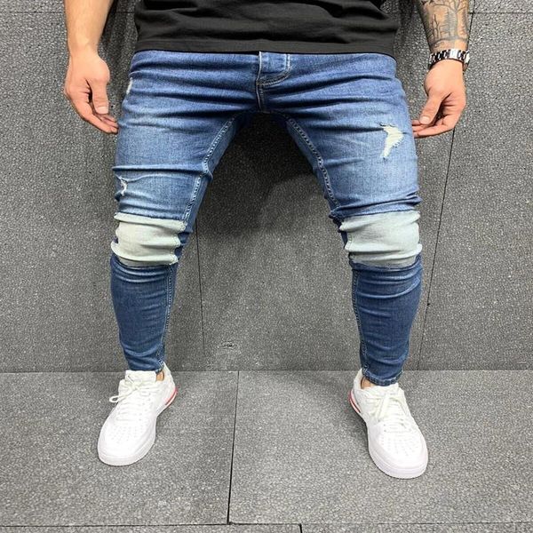 

men's jeans splicing est arrivals fashion long straight leg slim fit casual hole strech denim pants skinny jean s-3x, Blue