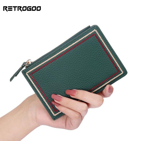 

card holders retrogoo brand design women's holder genuine leather ic case female short wallet simpe zipper coin purse, Brown;gray